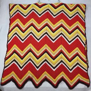 Vintage Handmade Crochet Zig Zag Afghan 41x82” Chevron Blanket Earth Tones